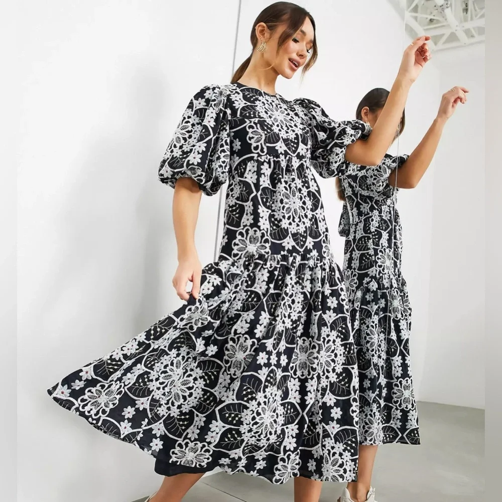 ASOS Embroidered Black & White Puff Sleeve Maxi Dress - Picture 1 of 5